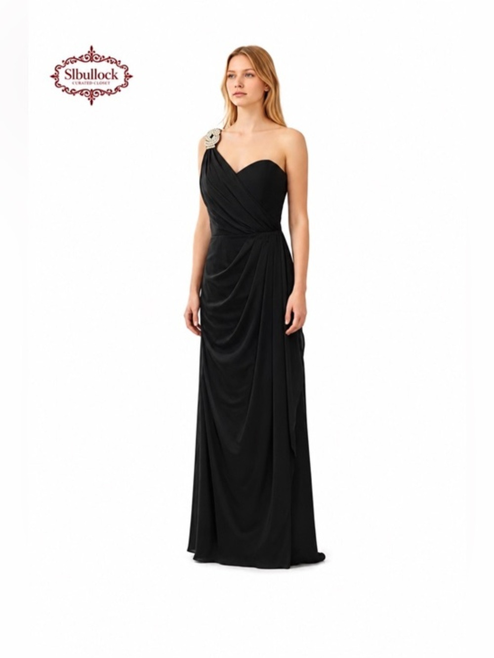 D23 Camille La Vie Black One-Shoulder Evening Gown with Embellished Shoulder